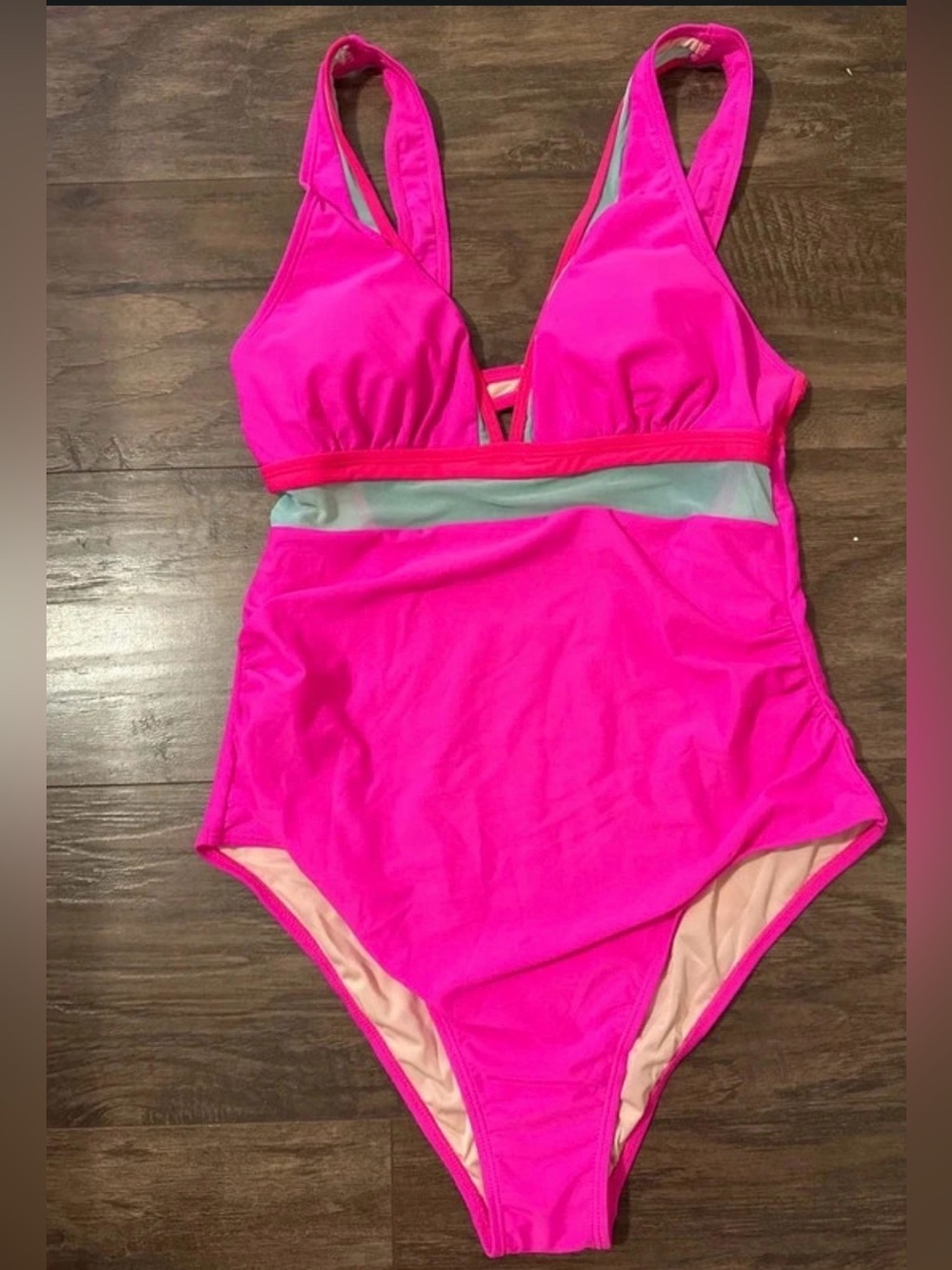 Cupshe Neon Hot Pink One-Piece Swimsuit with Mint Waistband